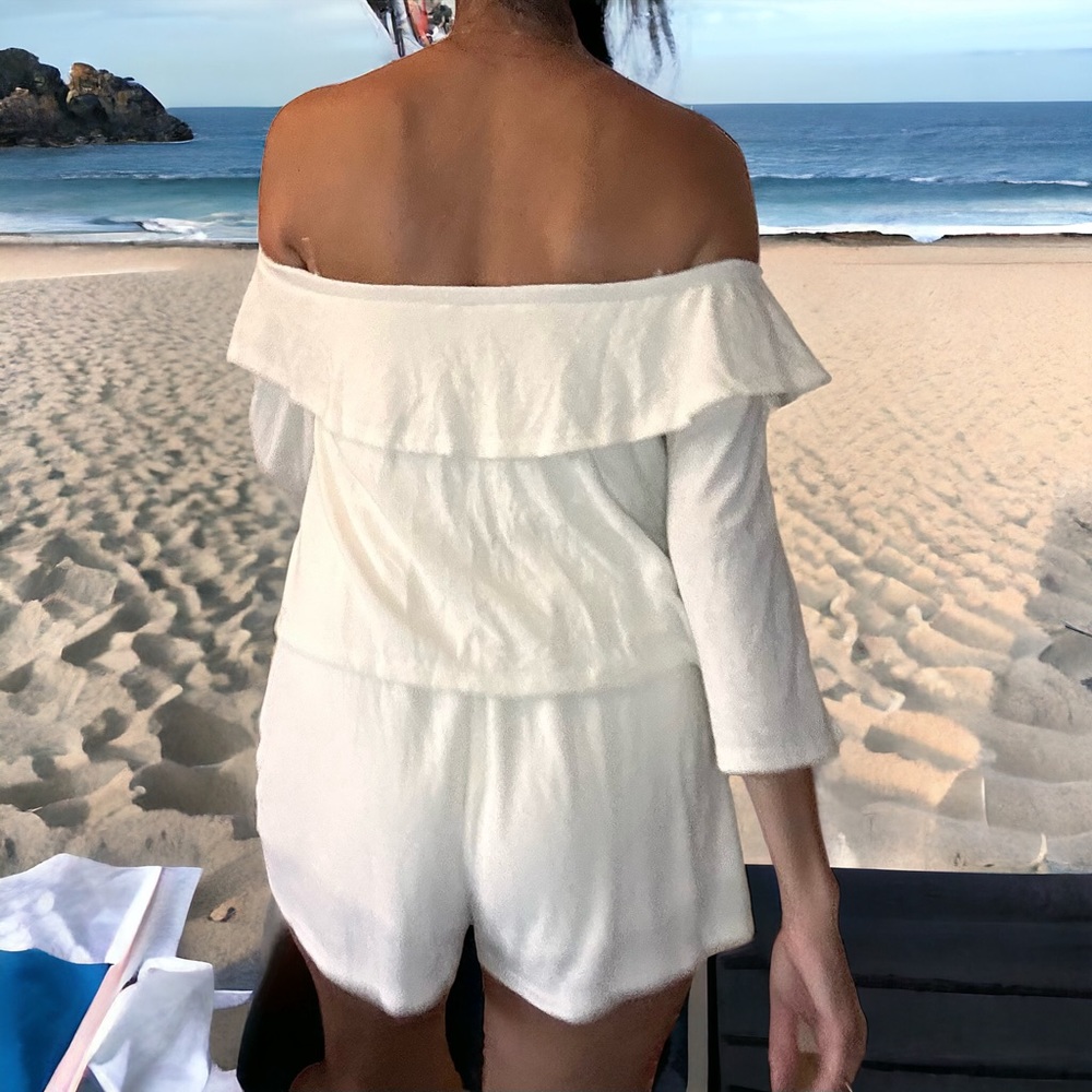 Sadie & Sage Hailee Tiered Off Shoulder 3/4 Sleeve White Beach Romper Large - Picture 3 of 6